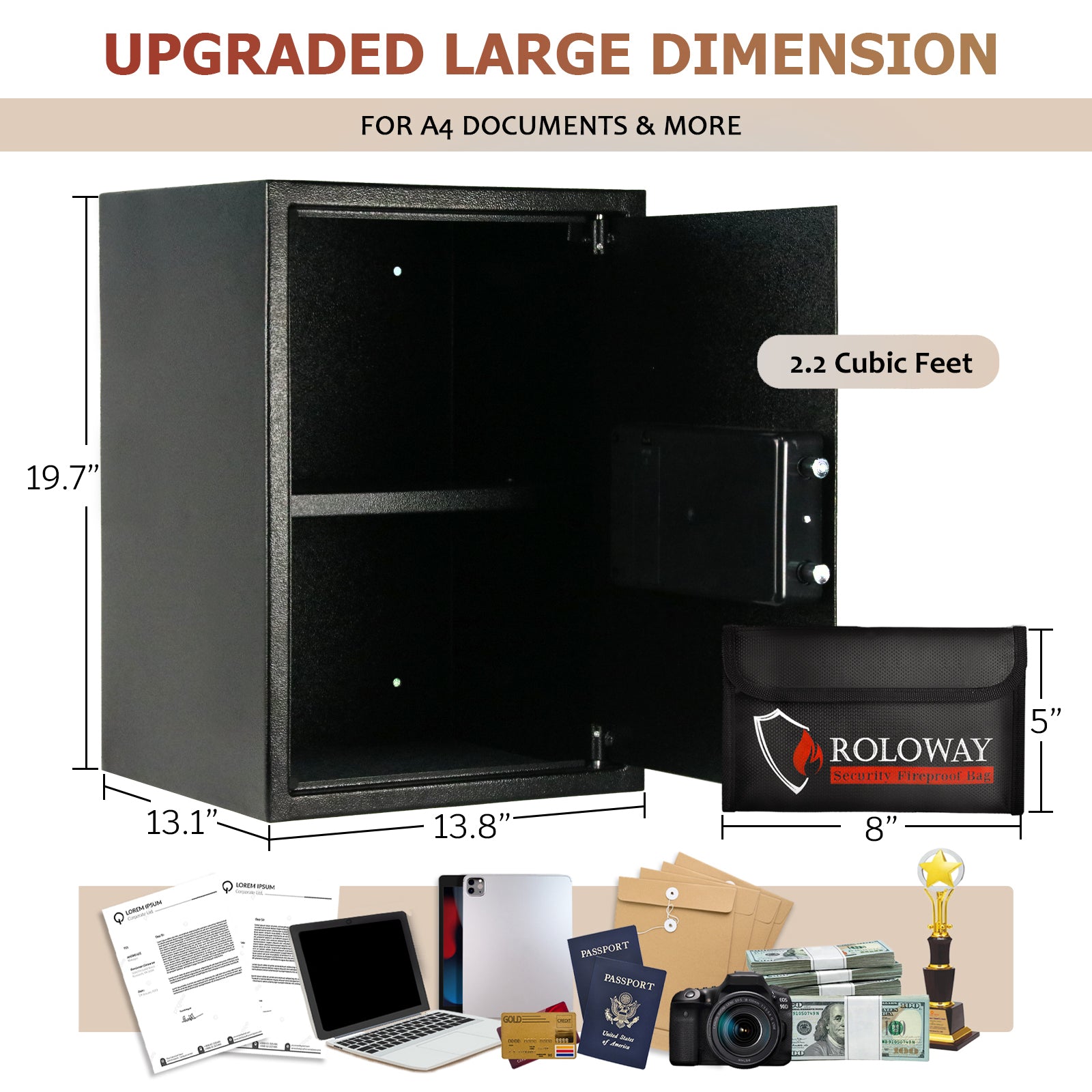 ROLOWAY SAFE MONEY SAFE BOX for home with 2 fireproof money bags 2.2 cubic feet in silver2