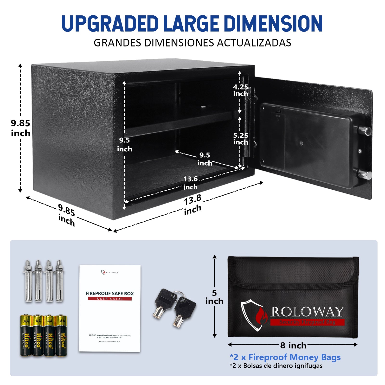 Bundle-ROLOWAY SAFE Caja fuerte grande para dinero con 2 bolsas de dinero ignífugas y bolsa de almacenamiento de archivos ignífuga, color negro (17 x 11,8 x 5 pulgadas) con cerradura