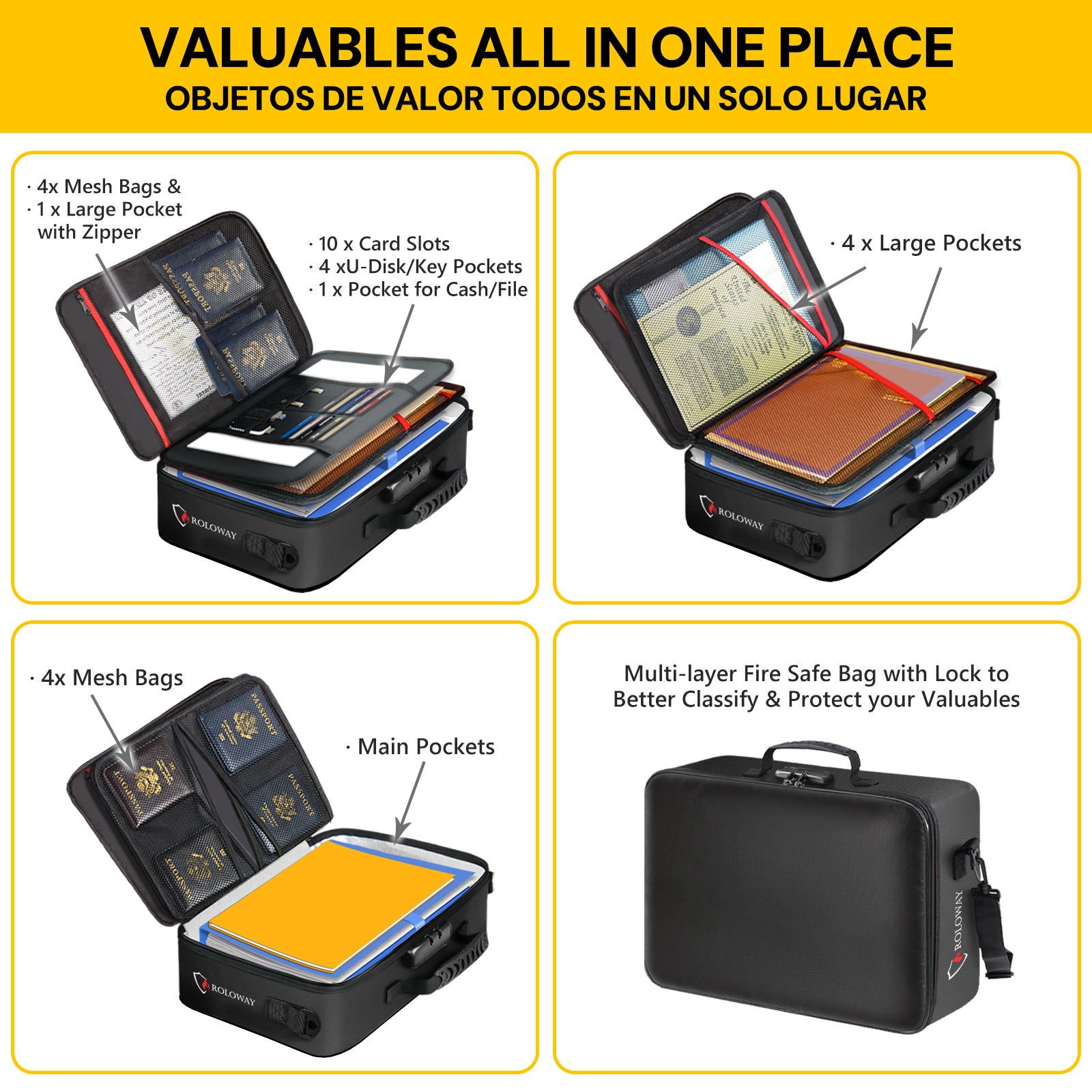 Bundle-ROLOWAY SAFE Caja fuerte grande para dinero con 2 bolsas de dinero ignífugas y bolsa de almacenamiento de archivos ignífuga, color negro (17 x 11,8 x 5 pulgadas) con cerradura