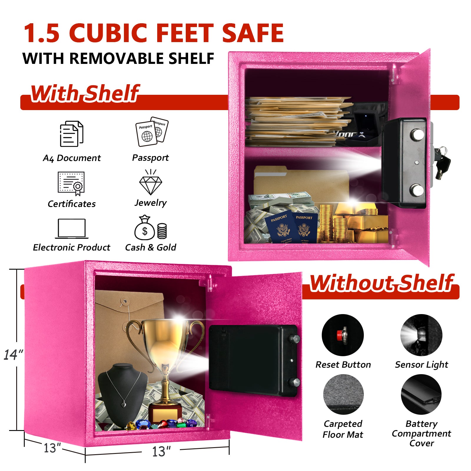 Safe Box | Pink 1.5 Cubic Feet with Silver Keypad | Voncabay