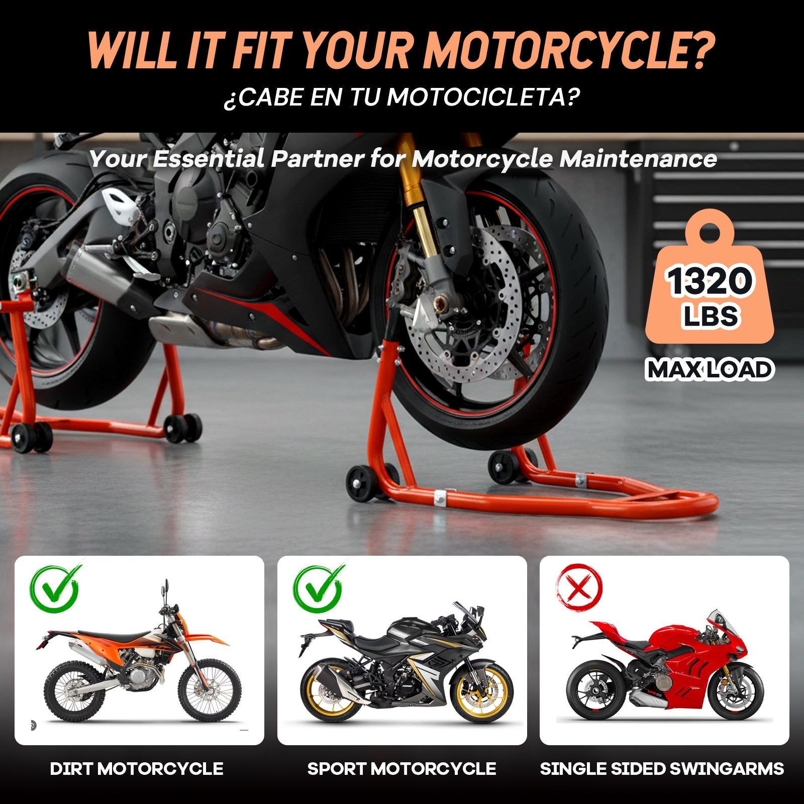 Motorcycle Front Rear Combo Stand Lift | Orange/Black | Sekamtools