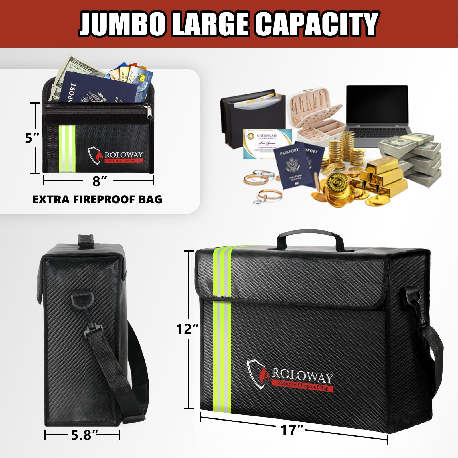 Fireproof bag 5200°F AL | Black with Reflective Strip | XL