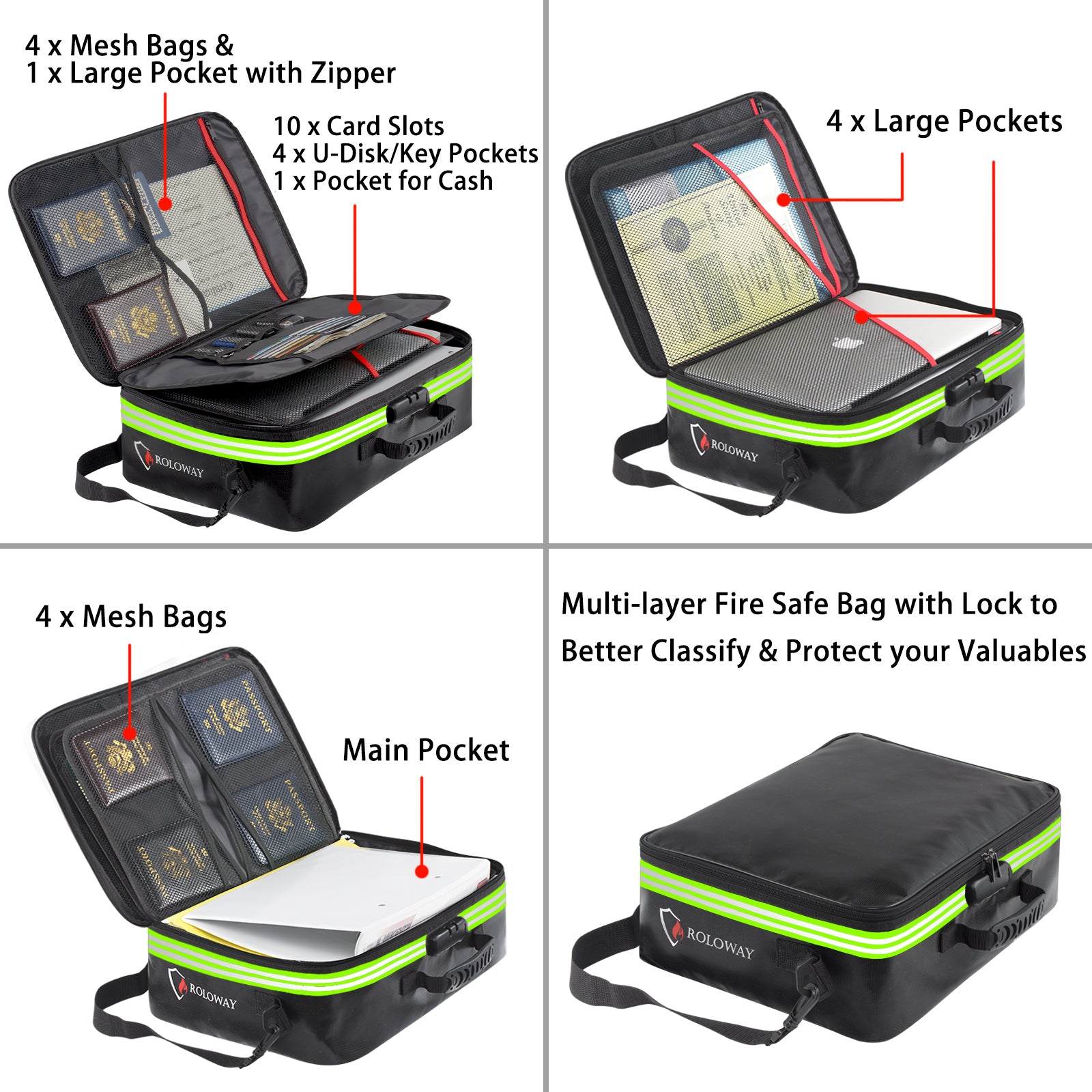 ROLOWAY Bolsa para documentos ignífuga multicapa con cerradura (17 x 12 x 5 pulgadas)