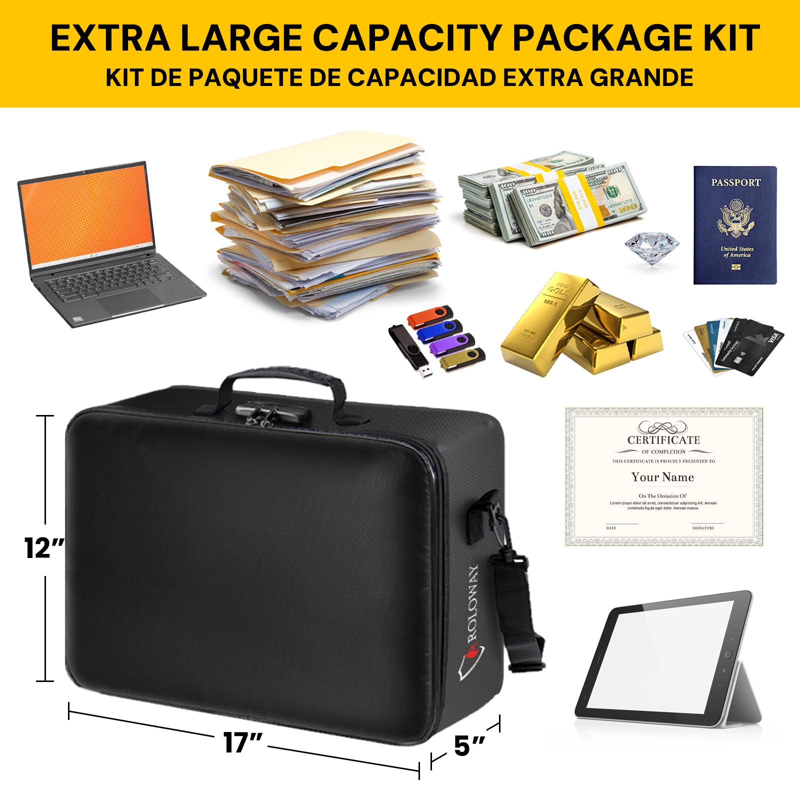 Bundle-ROLOWAY SAFE Caja fuerte grande para dinero con 2 bolsas de dinero ignífugas y bolsa de almacenamiento de archivos ignífuga, color negro (17 x 11,8 x 5 pulgadas) con cerradura