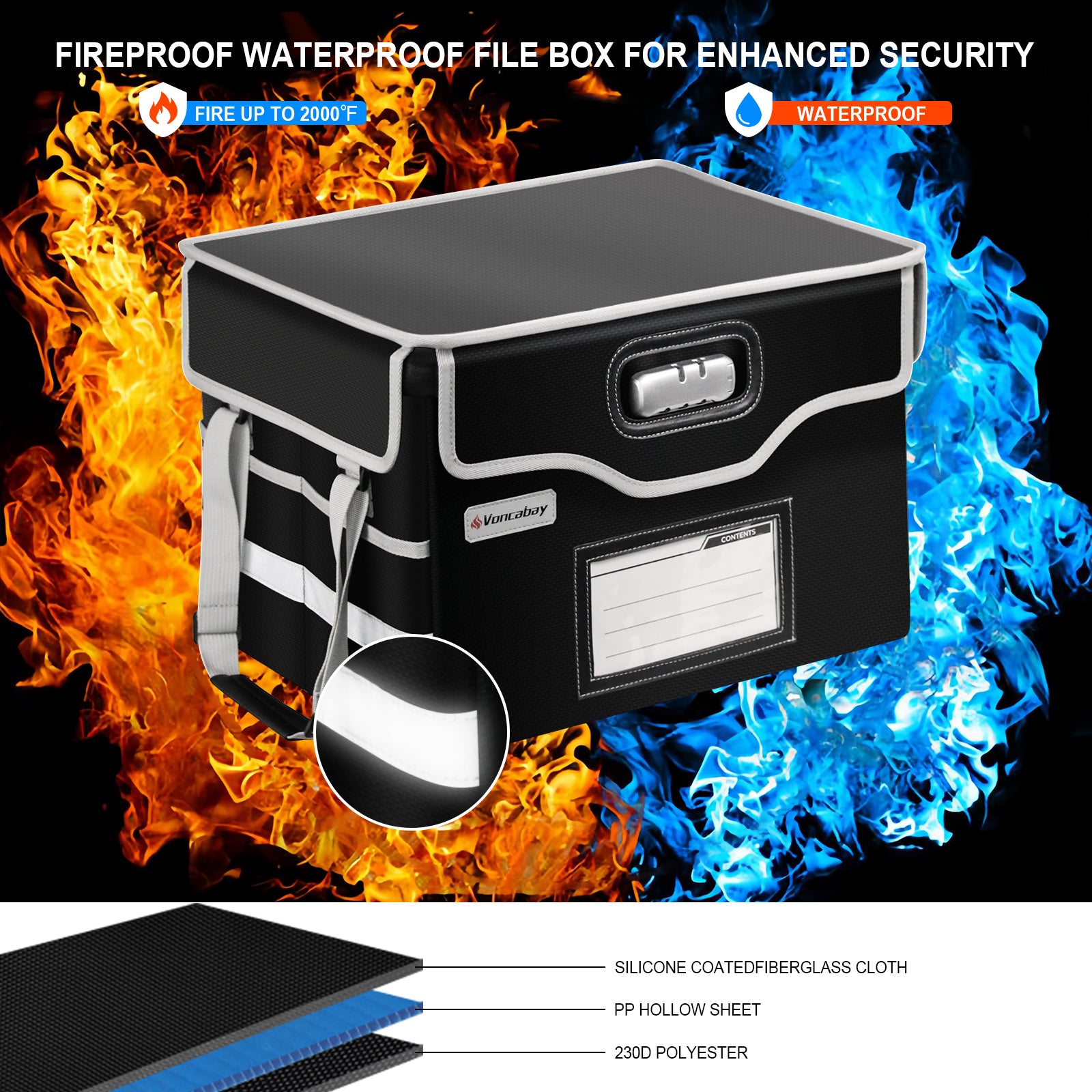 Voncabay fireproof document box with reflective strips for safety5