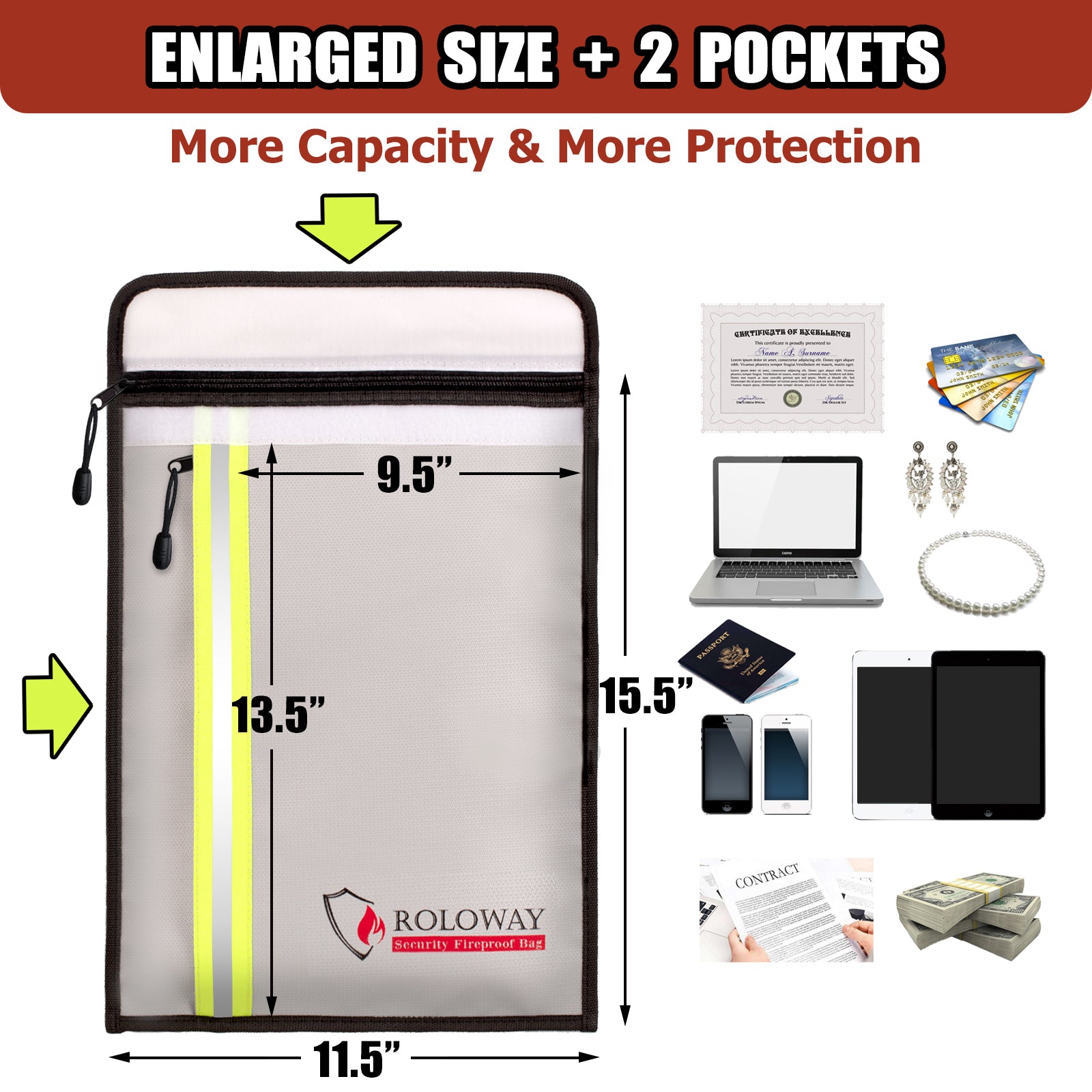 ROLOWAY upgraded 5200°F fireproof document bag 15.5 x 11.5 inch3