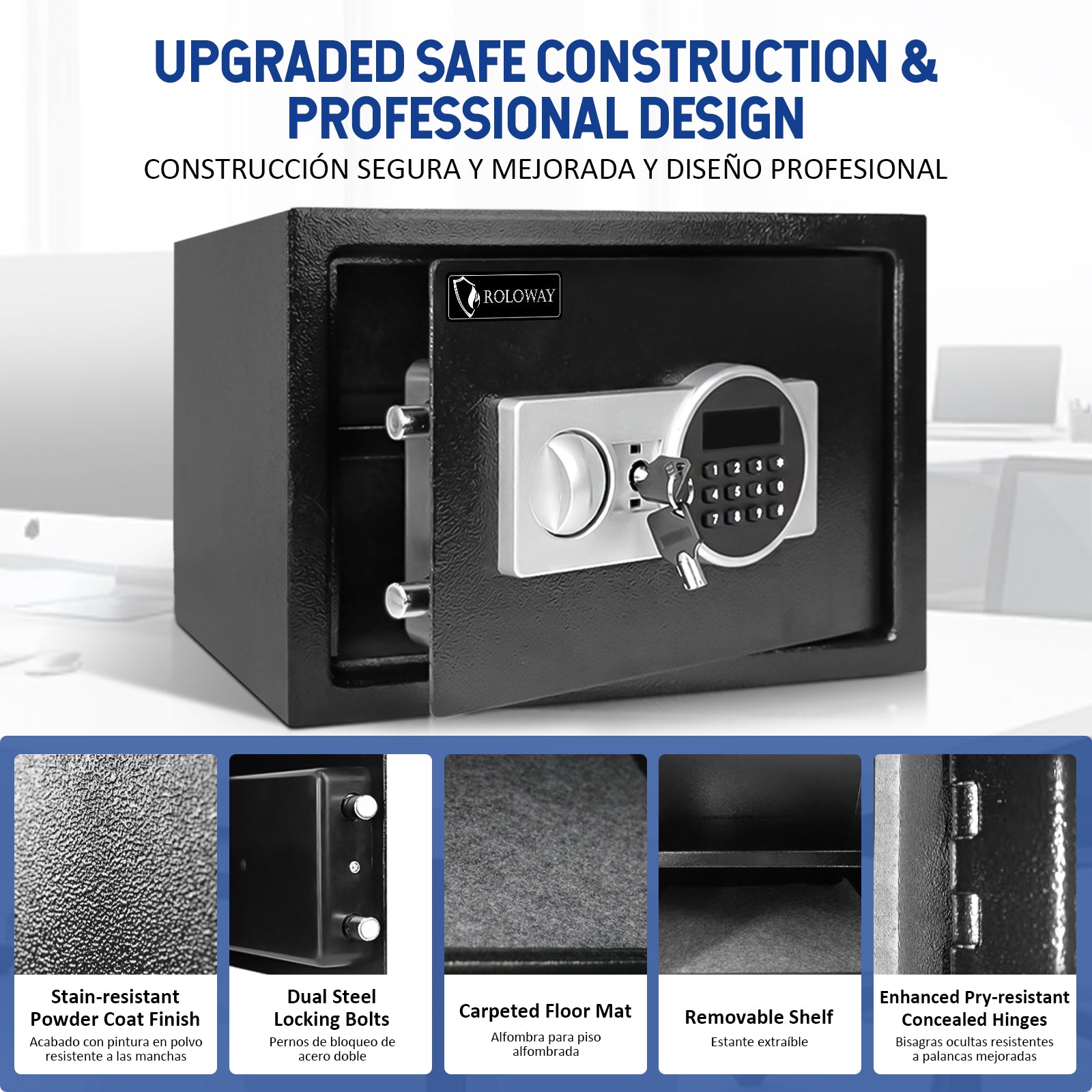 Bundle-ROLOWAY SAFE Caja fuerte grande para dinero con 2 bolsas de dinero ignífugas y bolsa de almacenamiento de archivos ignífuga, color negro (17 x 11,8 x 5 pulgadas) con cerradura