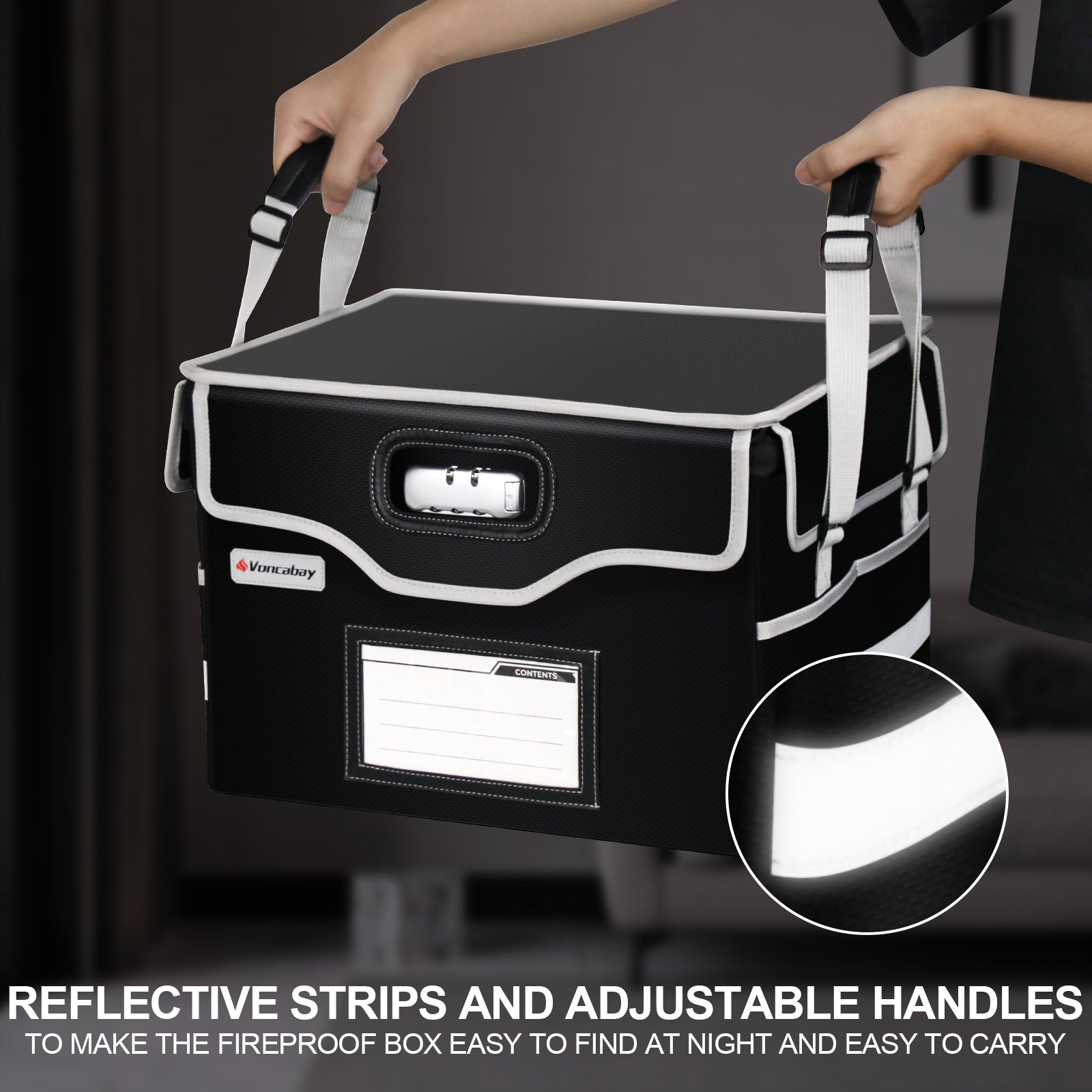Voncabay fireproof document box with reflective strips for safety0