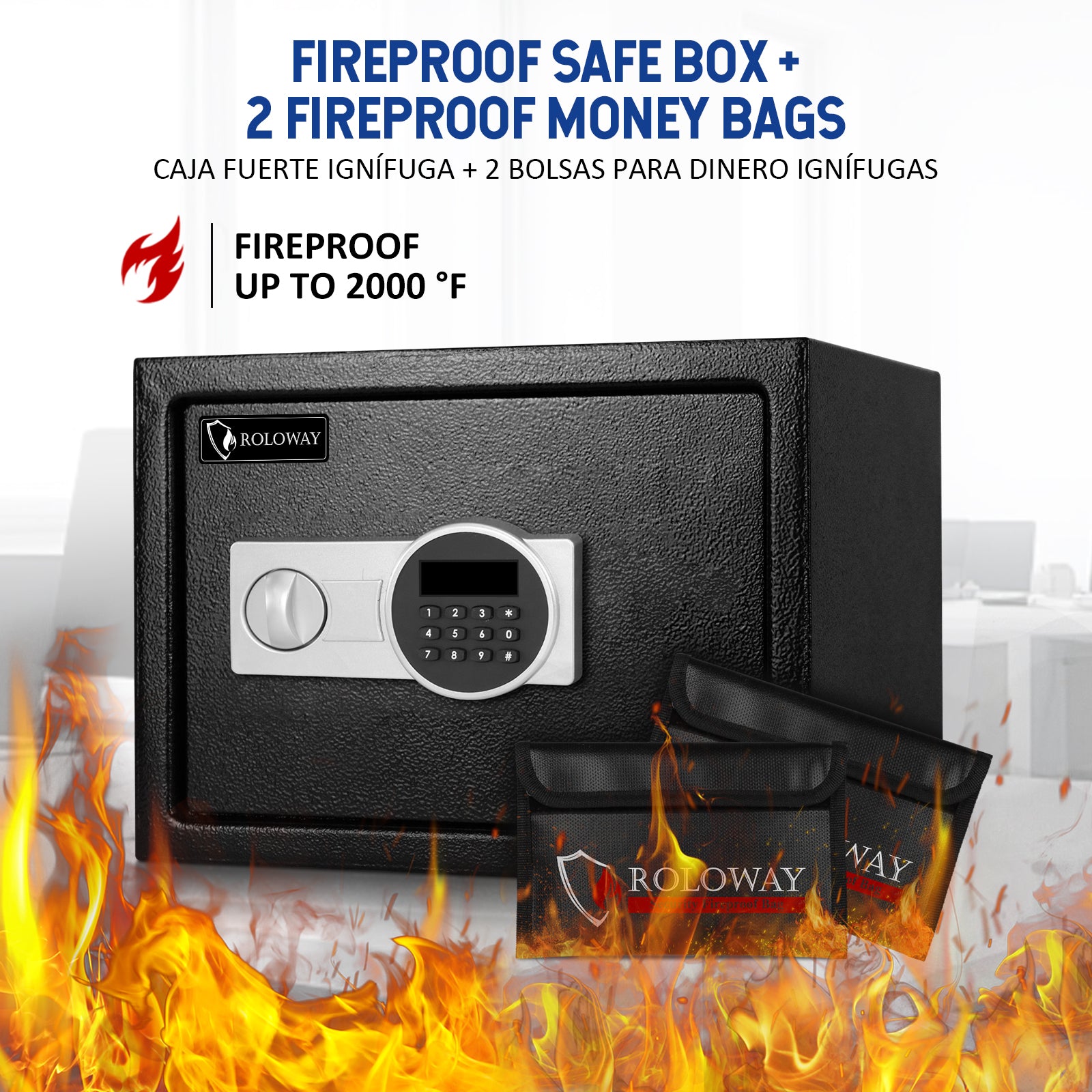 Bundle-ROLOWAY SAFE Caja fuerte grande para dinero con 2 bolsas de dinero ignífugas y bolsa de almacenamiento de archivos ignífuga, color negro (17 x 11,8 x 5 pulgadas) con cerradura