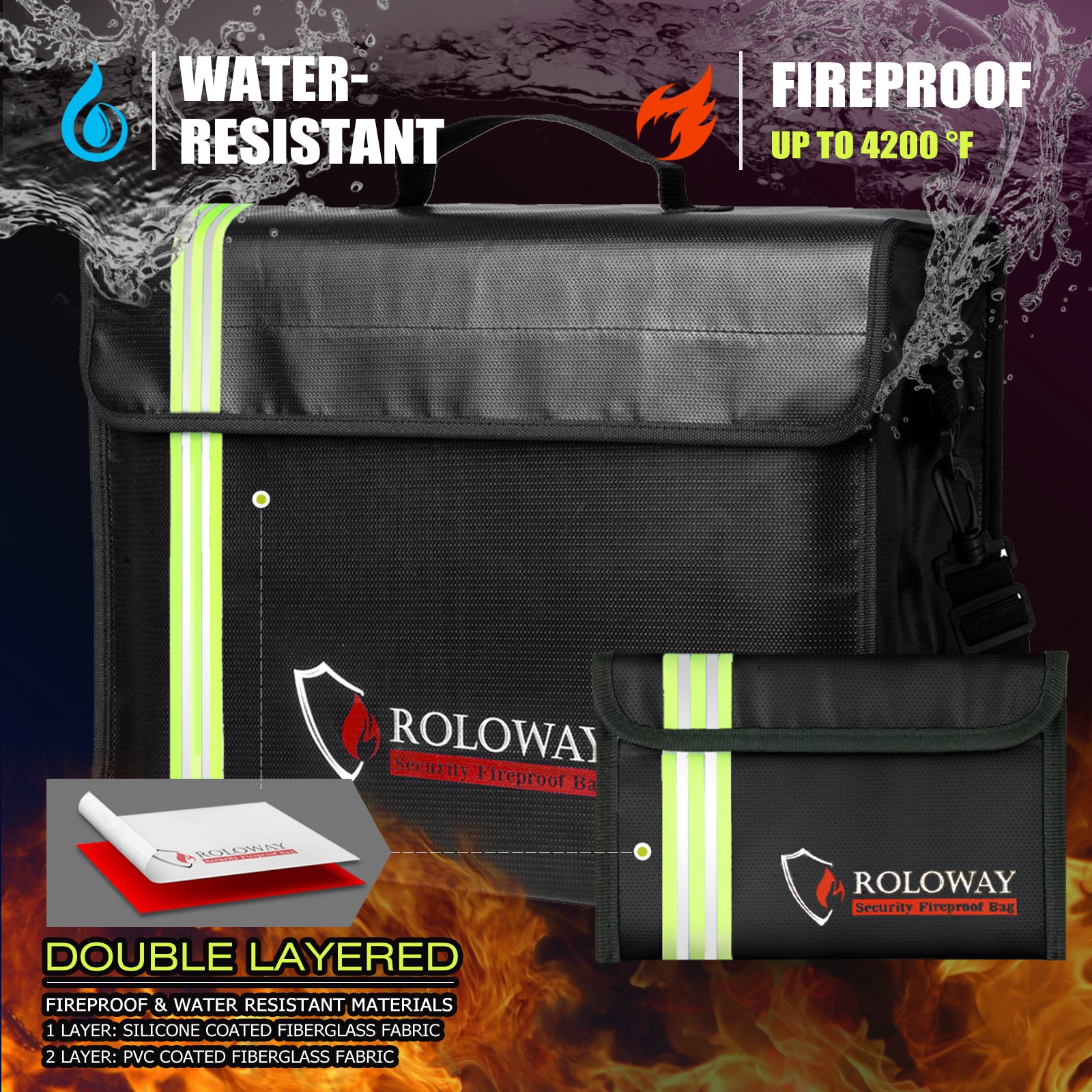 ROLOWAY JUMBO fireproof bag with reflective strip 17x12x5.8 inches6