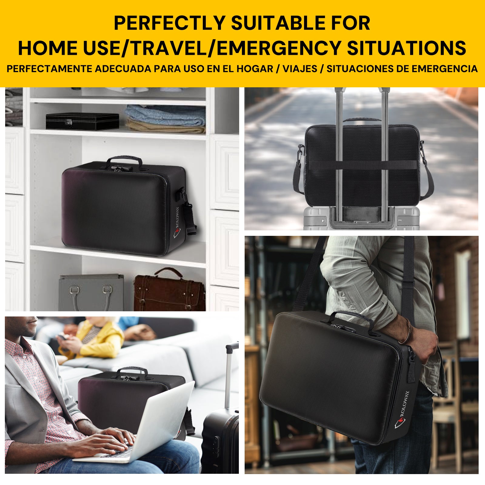 Bundle-ROLOWAY SAFE Caja fuerte grande para dinero con 2 bolsas de dinero ignífugas y bolsa de almacenamiento de archivos ignífuga, color negro (17 x 11,8 x 5 pulgadas) con cerradura