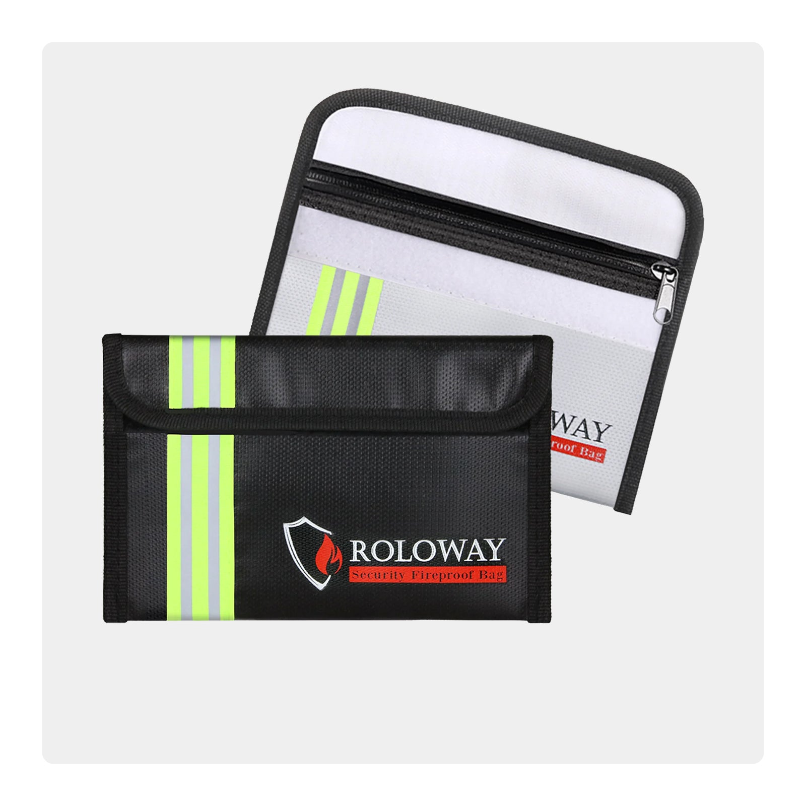 ROLOWAY SAFE Petit sac ignifuge avec bande réfléchissante (5 x 8 pouces) (noir et argent)