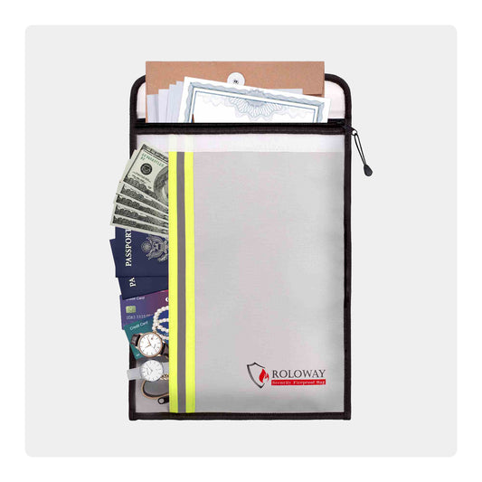 Bolsa para documentos ignífuga ROLOWAY (15 x 11 pulgadas) con 2 bolsillos y tira reflectante (negro)