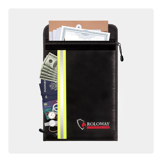 Bolsa para documentos ignífuga ROLOWAY (15 x 11 pulgadas) con 2 bolsillos y tira reflectante (negro)