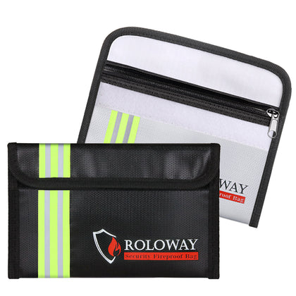 ROLOWAY SAFE small black and silver fireproof bag with reflective strip measuring 5 x 8 inches4