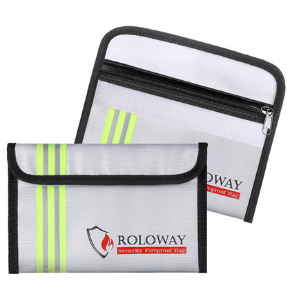 Small ROLOWAY SAFE fireproof bag with reflective strip measuring 5 x 8 inches4