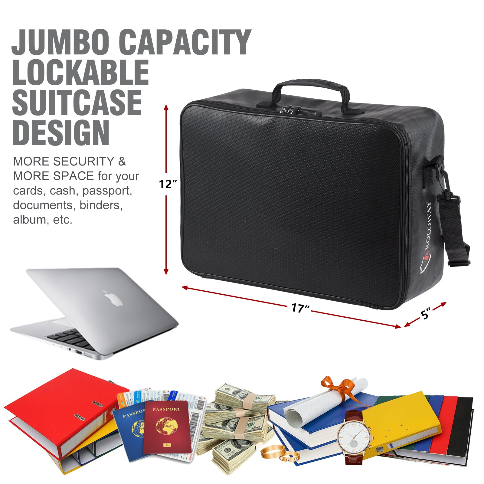 ROLOWAY multi-layer fireproof document bag with lock, 17 x 12 x 5 inches3