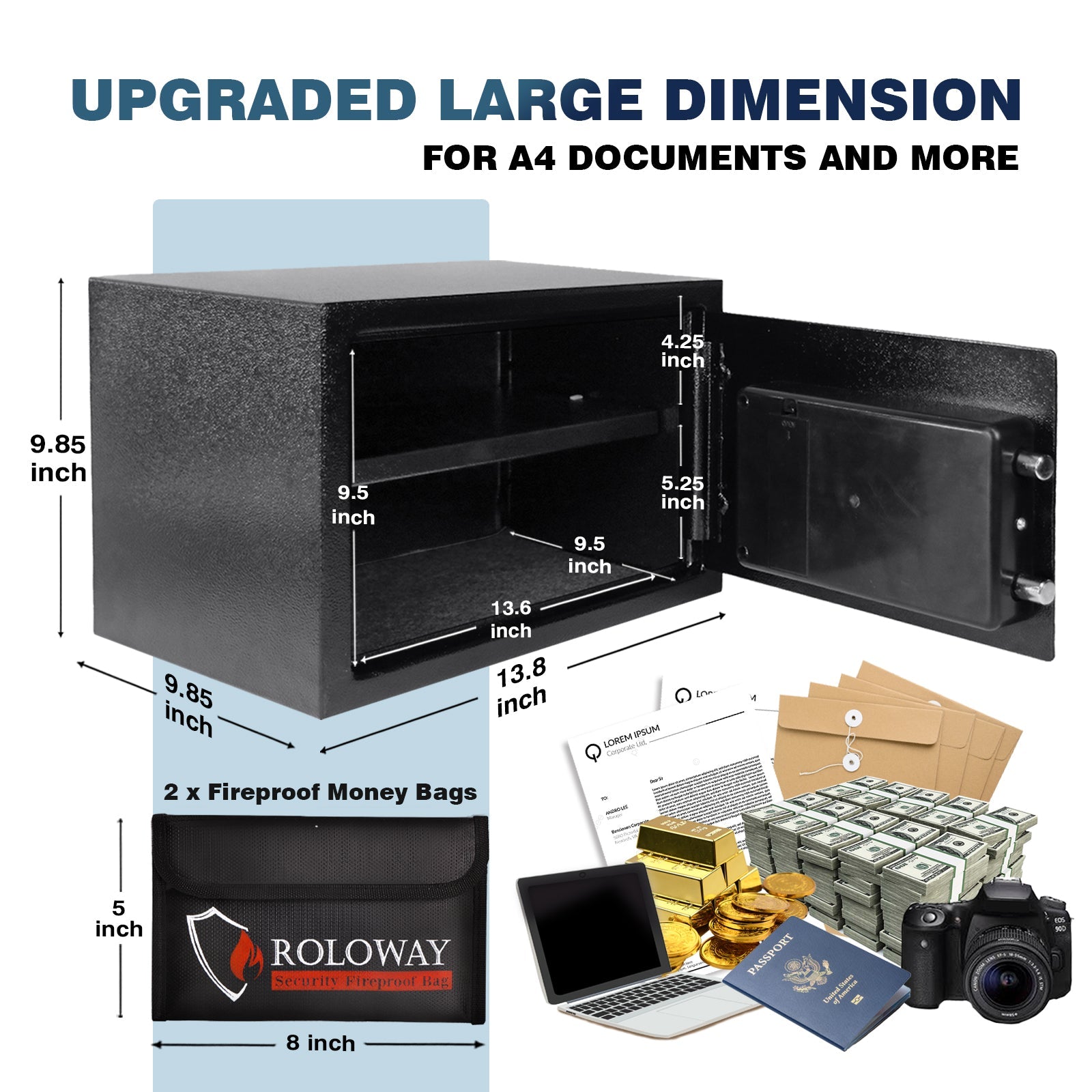 ROLOWAY SAFE Large Money Safe Box for Home with 2 Fireproof Money Bags in Black6