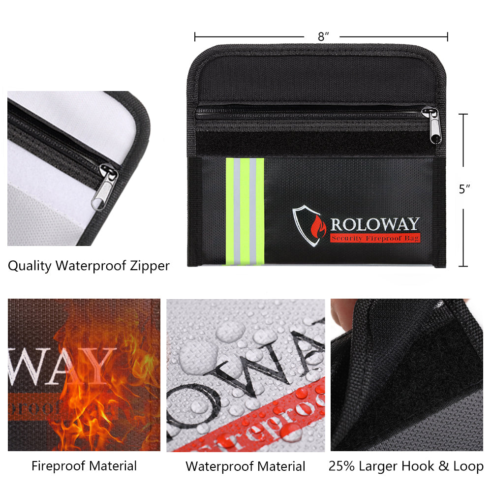 ROLOWAY SAFE small black and silver fireproof bag with reflective strip measuring 5 x 8 inches2
