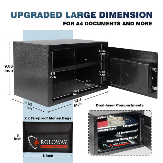ROLOWAY SAFE Large Money Safe Box with Fireproof Money Bags and Waterproof Zipper0