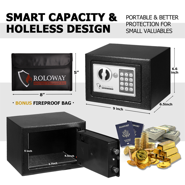 ROLOWAY SAFE Steel Small Money Safe Box Black with Fireproof Money Bag for Cash and Large Fireproof Document Bag0