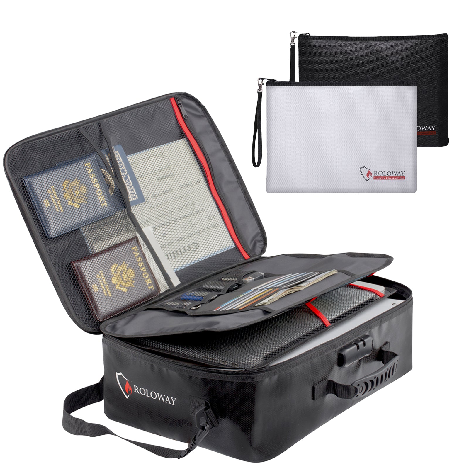 Bundle-ROLOWAY SAFE multi-layer fireproof file storage bag in black with lock and additional fireproof document bags4