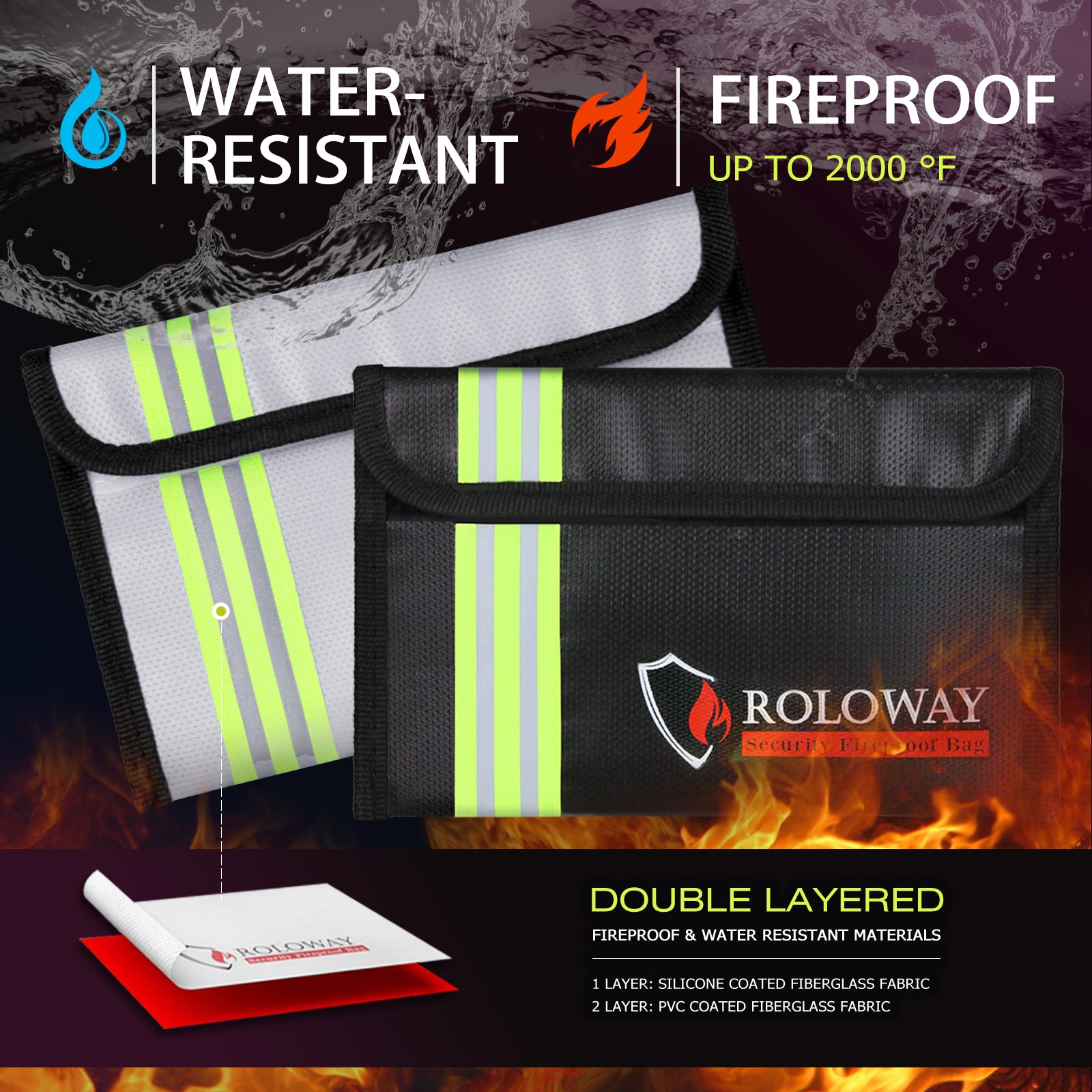 ROLOWAY SAFE small black and silver fireproof bag with reflective strip measuring 5 x 8 inches1