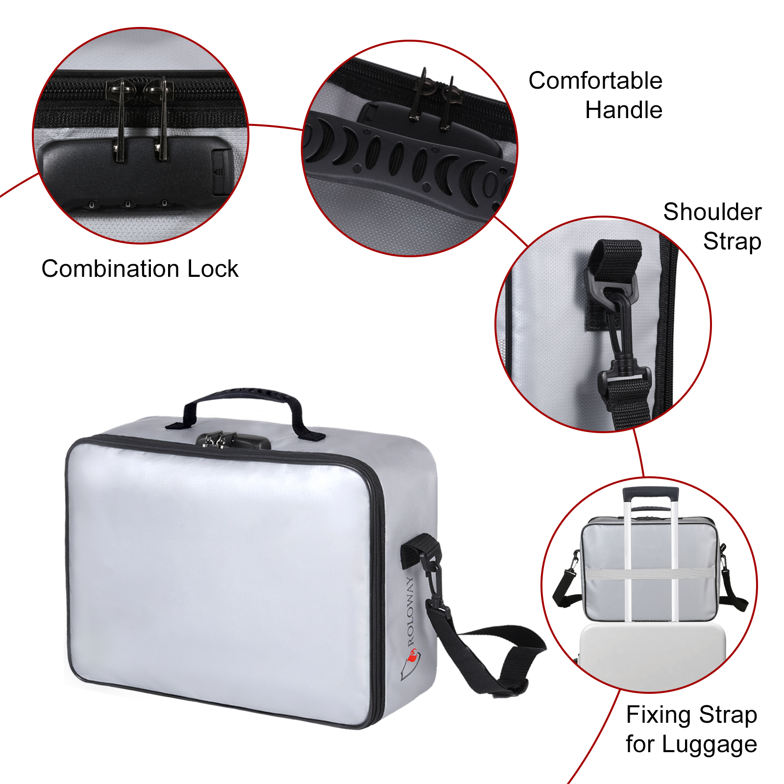 ROLOWAY silver multi-layer safe fireproof document bag with lock3