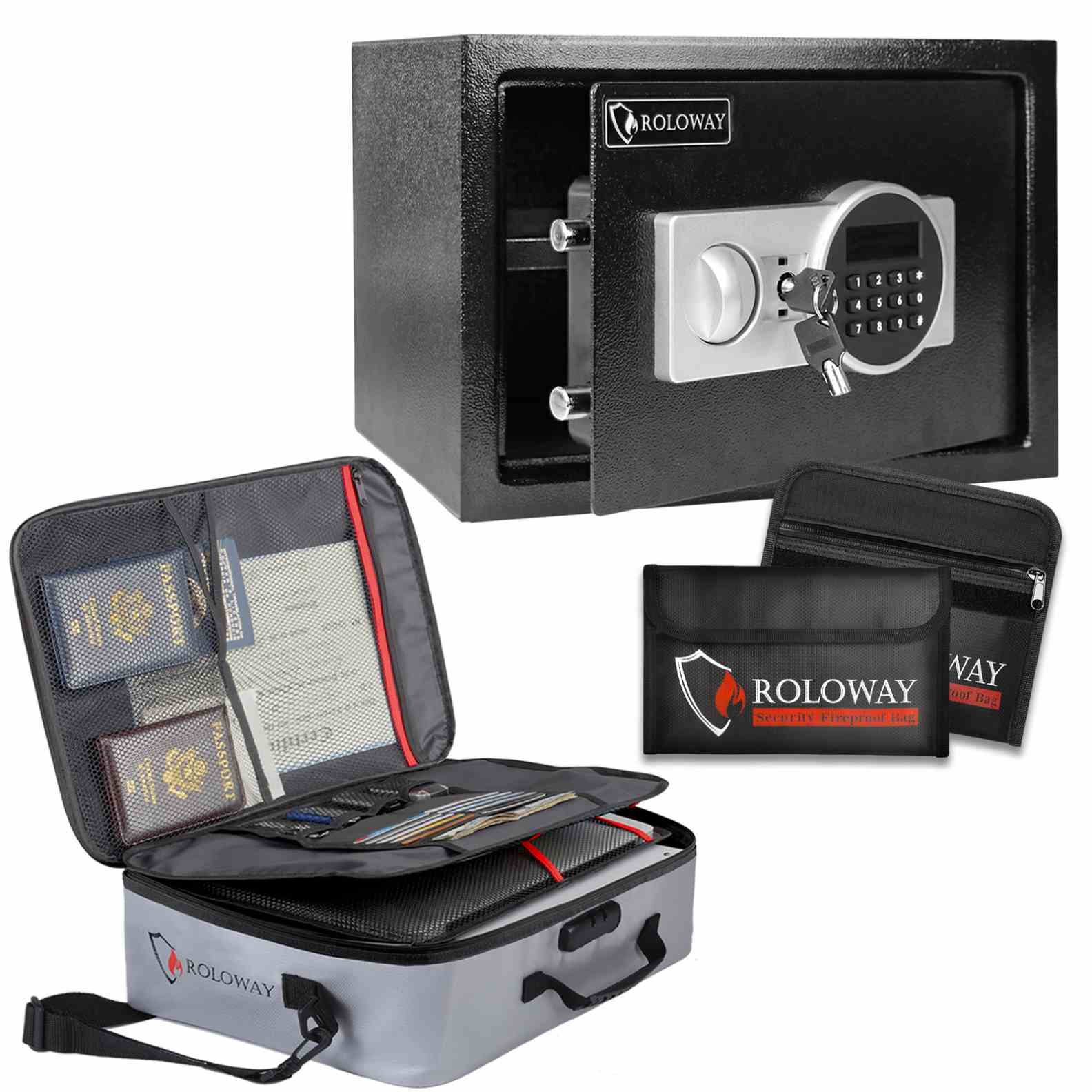 ROLOWAY SAFE Large Money Safe Box with Fireproof Money Bags and Fireproof File Storage Bag in Gray, 17 x 11.8 x 5 inch with Lock3