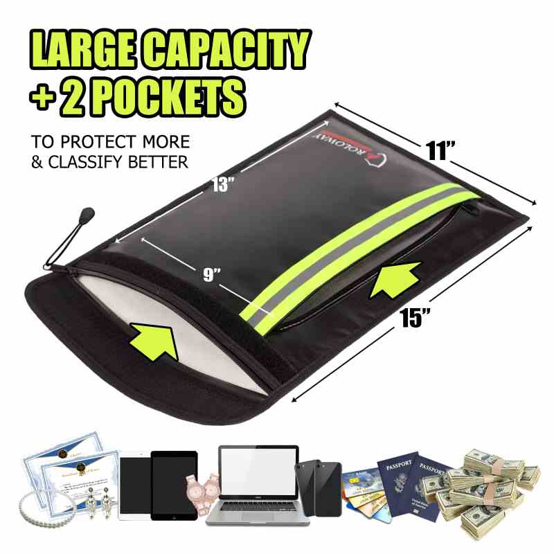 ROLOWAY Fireproof Document Bag 15x11 inch with Dual Pockets and Reflective Strip in Black0