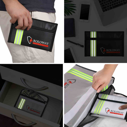 ROLOWAY SAFE small black and silver fireproof bag with reflective strip measuring 5 x 8 inches5