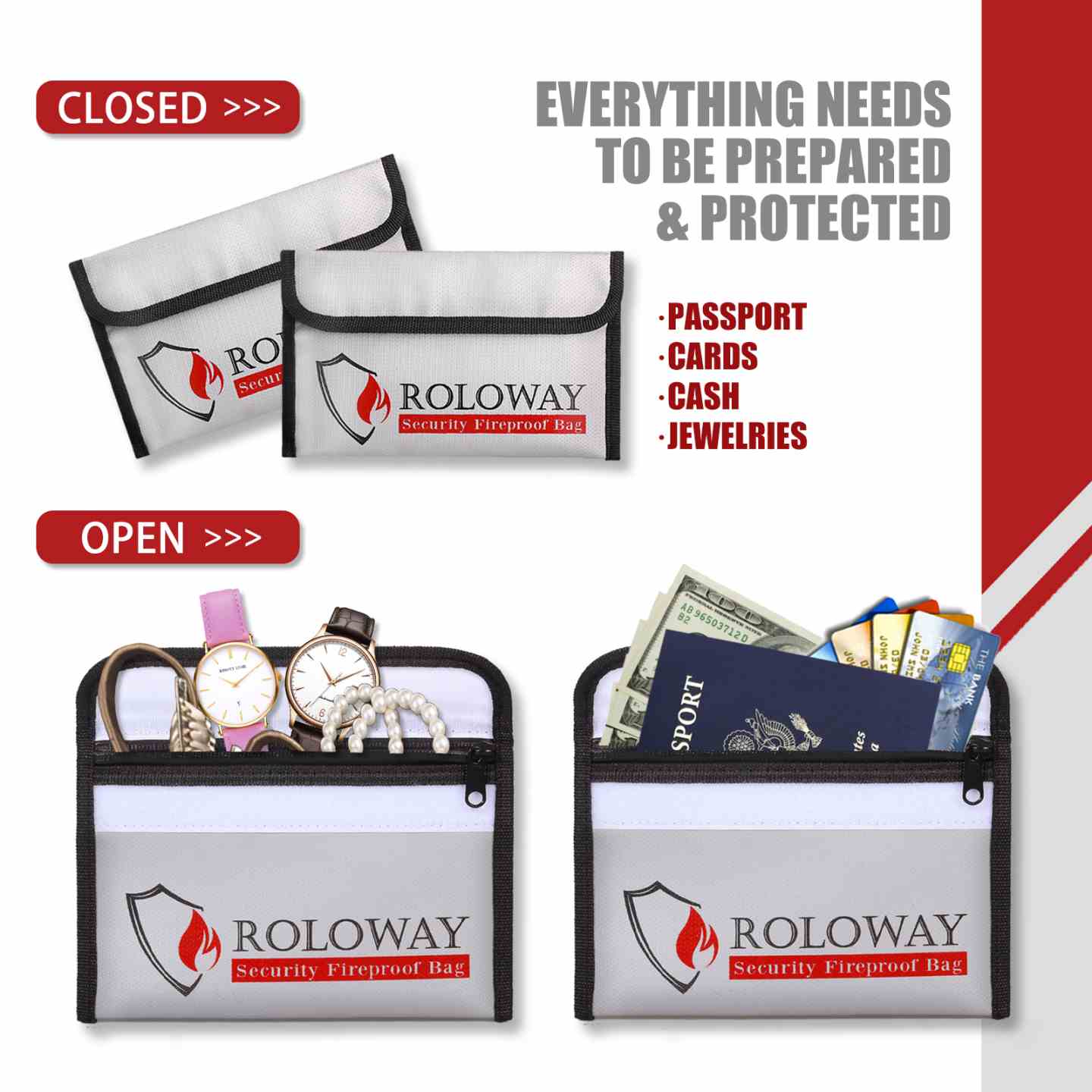 Bundle of ROLOWAY SAFE large and small silver fireproof bags with fireproof money bags 2-pack set2