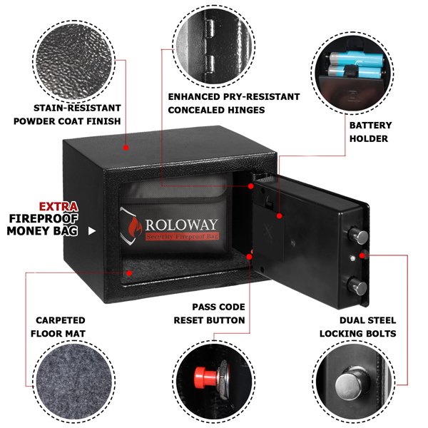 ROLOWAY SAFE Steel Small Money Safe Box Black with Fireproof Money Bag for Cash and Large Fireproof Document Bag5