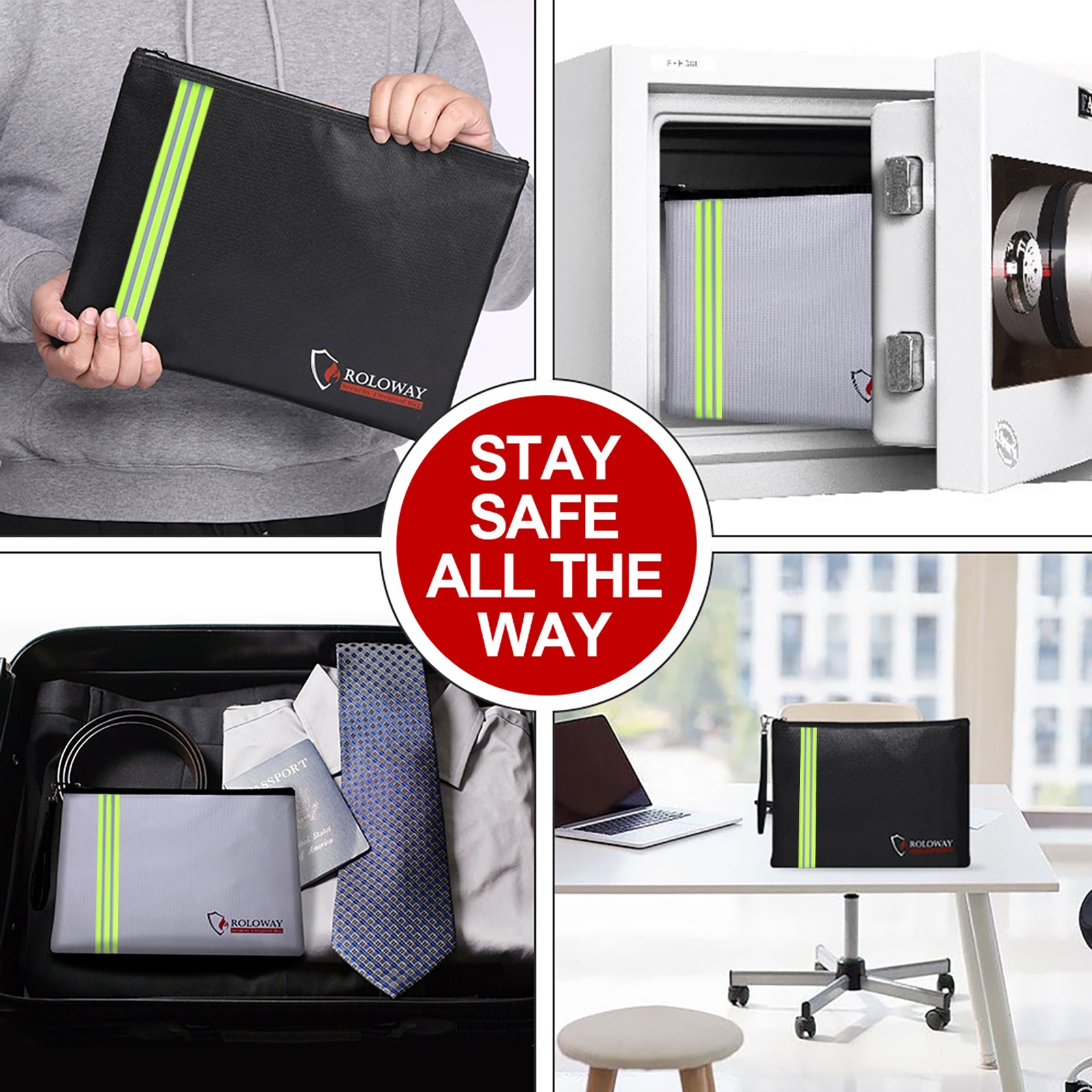ROLOWAY Fireproof Document Bag with Reflective Strip, 13.4 x 9.8 inches5