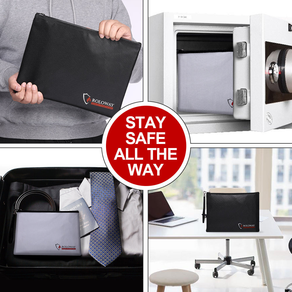 Bundle-ROLOWAY SAFE multi-layer fireproof file storage bag in black with lock and additional fireproof document bags3