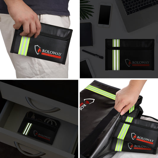 ROLOWAY SAFE small black fireproof bag with reflective strip, 5 x 8 inches, set of 24