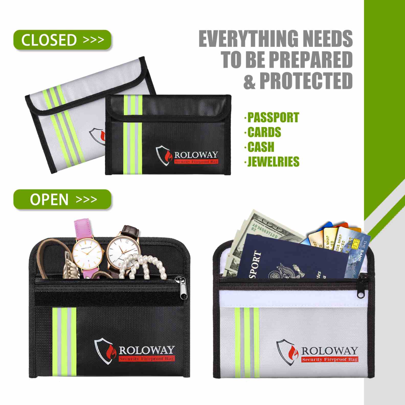 ROLOWAY SAFE small black and silver fireproof bag with reflective strip measuring 5 x 8 inches0