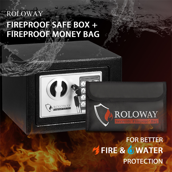 ROLOWAY SAFE Steel Small Money Safe Box Black with Fireproof Money Bag for Cash and Large Fireproof Document Bag6