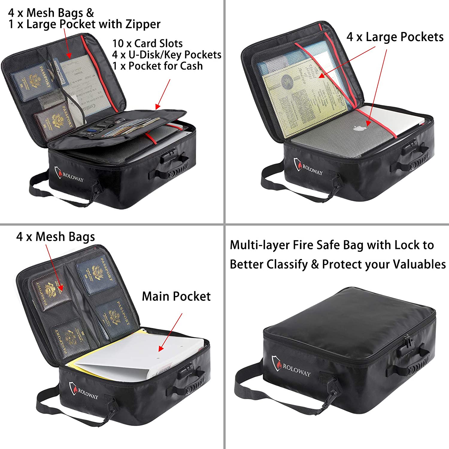 Bundle-ROLOWAY SAFE multi-layer fireproof file storage bag in black with lock and additional fireproof document bags0