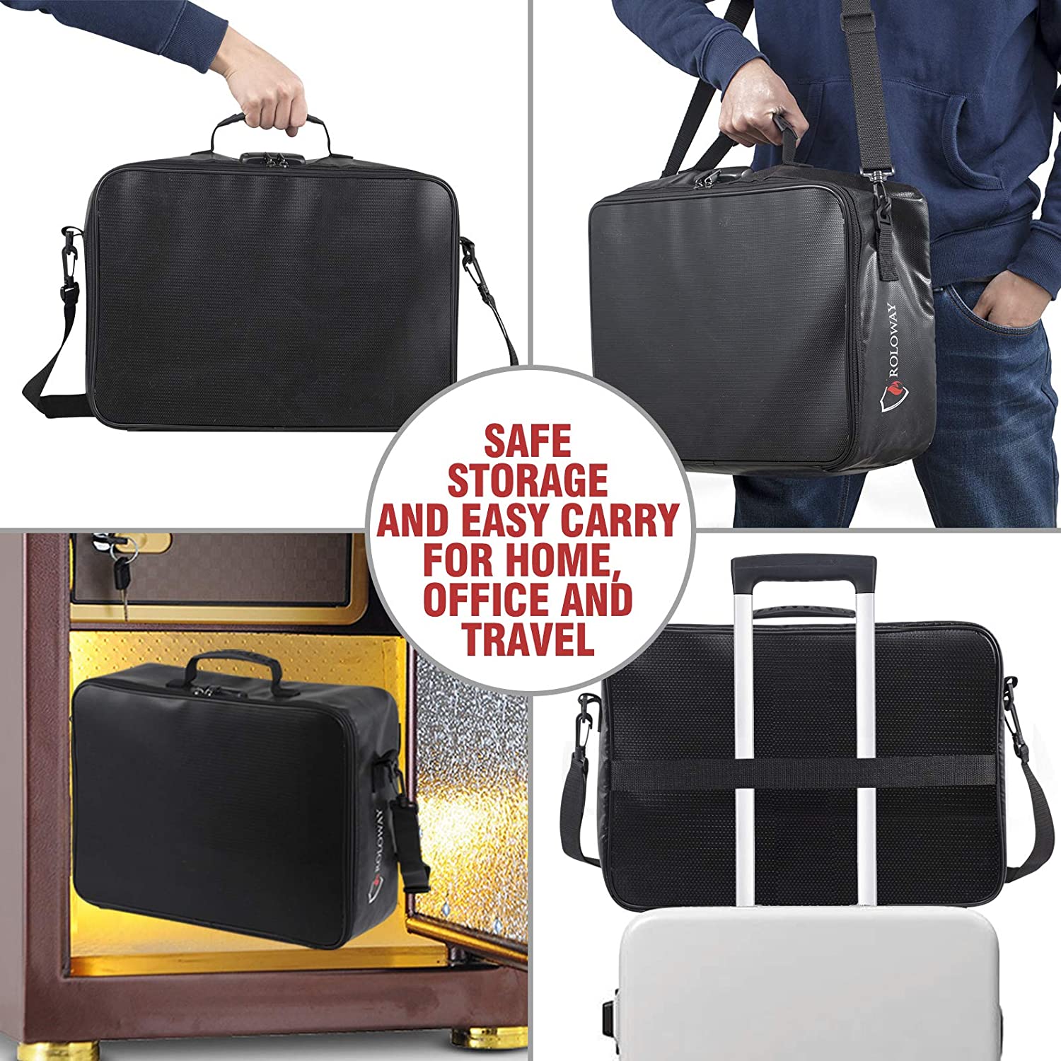 Bundle-ROLOWAY SAFE multi-layer fireproof file storage bag in black with lock and additional fireproof document bags1