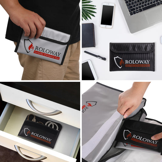 ROLOWAY SAFE small black and silver fireproof money bag 5x8 inches4