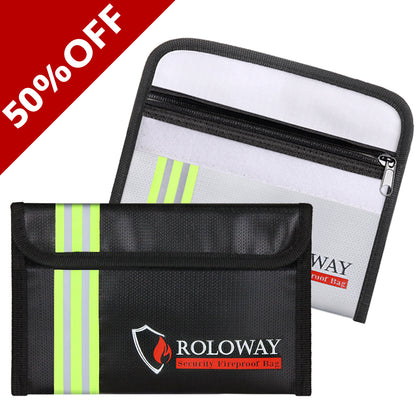 ROLOWAY SAFE Petit sac ignifuge avec bande réfléchissante (5 x 8 pouces) (noir et argent) 