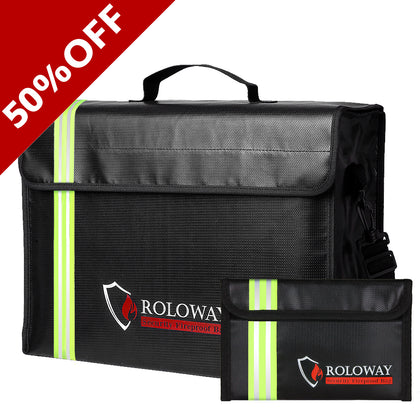 Fireproof bag | Large 17 x 12 x 5.8 inch Black with Reflective Strip | Roloway