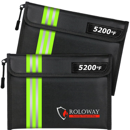 ROLOWAY Fireproof Bag (9.6 x 6.6 inch) 5200°F Heat Insulated with Reflective Strip(2-Pack)