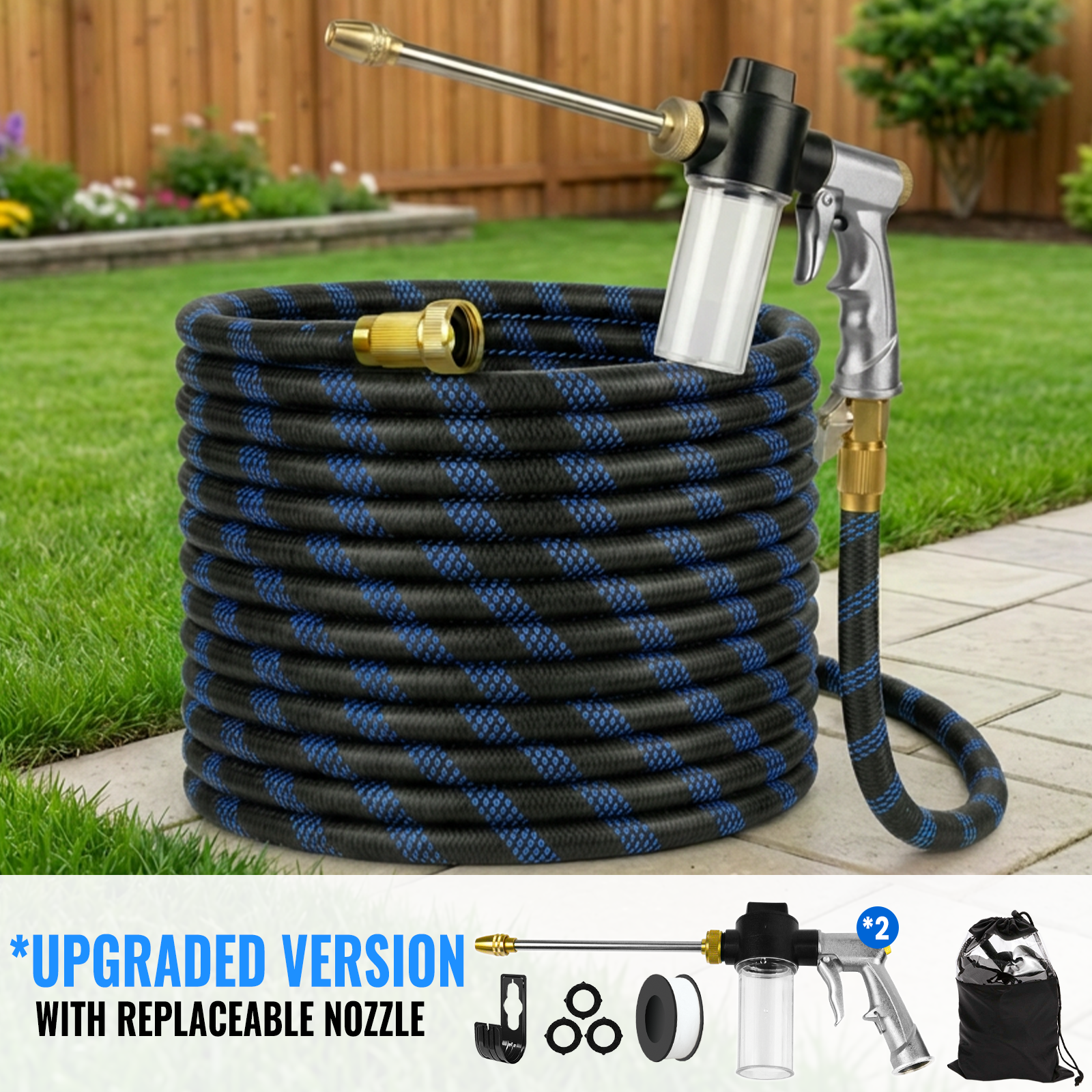 Expandable Garden Hose | 10-Mode High-Pressure Nozzle | Blue