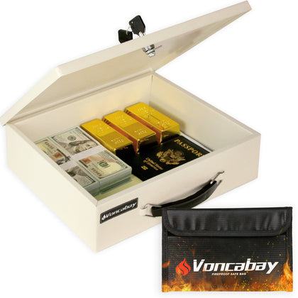 Voncabay Money Safe Box for Home & Fireproof Money Bag for Cash Safe(White)