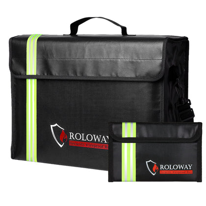 Fireproof bag | Large 17 x 12 x 5.8 inch Black with Reflective Strip | Roloway