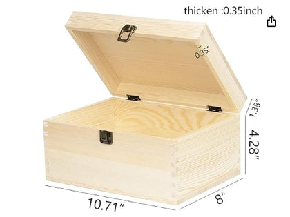 SEKAM Wooden Extra Large Rectangle Unfinished Pine Wood Box Natural DIY Craft Stash Boxes with Hinged Lid and Front Clasp for Arts Hobbies and Home Storage-10.71x8x5.66 Inches