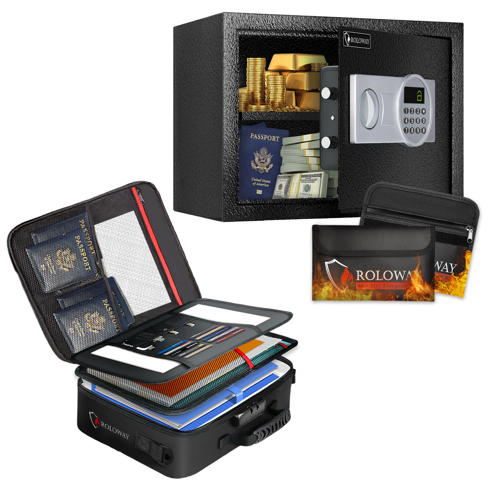 Bundle-ROLOWAY SAFE Grand coffre-fort avec 2 sacs d'argent ignifuges et sac de rangement de fichiers ignifuge noir (17 x 11,8 x 5 pouces) avec serrure