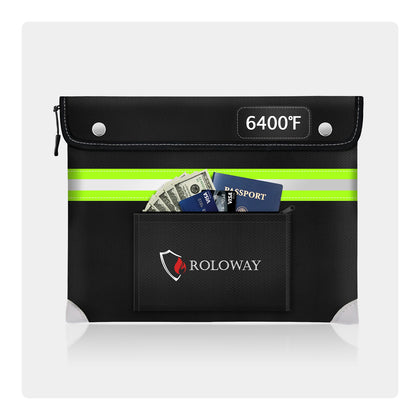 Fireproof document bag with Aluminum Foil Layer |  6400℉ Black with Front Pocket  | Roloway